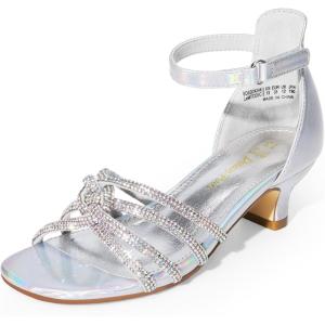DREAM PAIRS Girls Dress Shoes Sandals Low Heels Ankle Strap Flower Wedding Party Shoes for Little Kid/Big Kid(Silver)