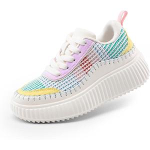 DREAM PAIRS Girls Fashion Sneakers Tennis Shoes Kids Platform Lightweight Lace Up Casual Walking Shoes(White/Rainbow-pu)