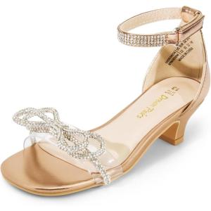 DREAM PAIRS Girls Sandals Ankle Strap Square Toe Low Heel Bow Flower Dress Shoes(Champagne-rhinestone)