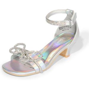 DREAM PAIRS Girls Sandals Ankle Strap Square Toe Low Heel Bow Flower Dress Shoes(Rainbow/Silver)