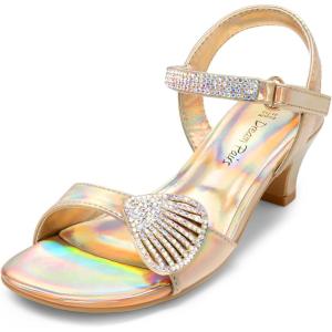 DREAM PAIRS Girls Sandals Ankle Strap Square Toe Low Heel Crystal Shell Wedding Party Flower Dress Shoes for Little Kids/Big Kids(Gold)
