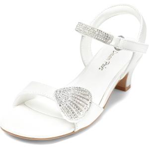 DREAM PAIRS Girls Sandals Ankle Strap Square Toe Low Heel Crystal Shell Wedding Party Flower Dress Shoes for Little Kids/Big Kids(Ivory)