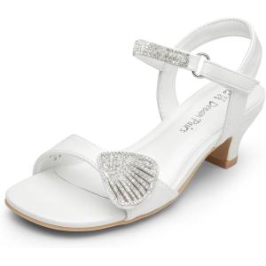 DREAM PAIRS Girls Sandals Ankle Strap Square Toe Low Heel Crystal Shell Wedding Party Flower Dress Shoes for Little Kids/Big Kids(White)