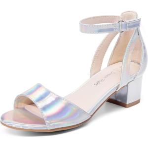 DREAM PAIRS Girls Sandals Chunky Pump Ankle Strap High Heels Dress Open Toe Flower Wedding Party for Little Big Kid(Silver-metallic)