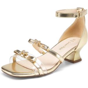 DREAM PAIRS Girls Sandals Low Heel Dress Pump Ankle Strap Two Strapped Bow Flower Wedding Party Shoes for Little Kid/Big Kid(Gold)