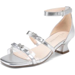DREAM PAIRS Girls Sandals Low Heel Dress Pump Ankle Strap Two Strapped Bow Flower Wedding Party Shoes for Little Kid/Big Kid(Silver)