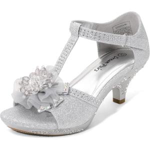DREAM PAIRS Girls Sandals Low Heel Dress Pump Ankle T Strap Flower Shoes Toddler/Little Kid/Big Kid(Silver)