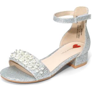 DREAM PAIRS Girls Sandals Low Heel Pump Ankle Strap Pearl Dress Flower Wedding Party Shoes for Little Kid/Big Kid(Silver-glitter)