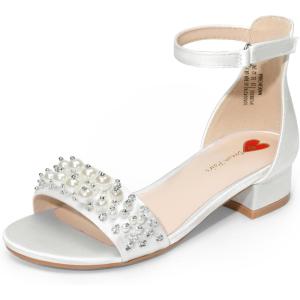 DREAM PAIRS Girls Sandals Low Heel Pump Ankle Strap Pearl Dress Flower Wedding Party Shoes for Little Kid/Big Kid(White)