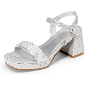 DREAM PAIRS Girls Sandals Open Toe Low Block Chunky Heels Sandals Party Dress Pumps Shoes for Little Big Kid(Silver-glitter)