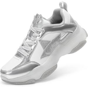 DREAM PAIRS Girls Sneakers Lace up Lightweight Sparkle StarGlow Breathable Jelly Sole Kids Walking Shoes Casual Sports(Silver/White)
