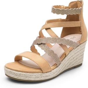 DREAM PAIRS Girls Wedge Sandals Flatform Open Toe Platform Sandals Flower Wedding Party for Little Kid/Big Kid(Camel)