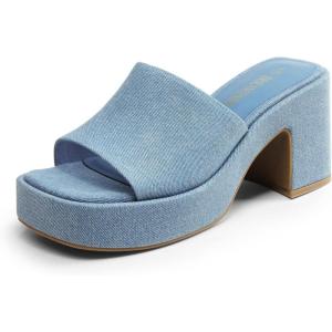 DREAM PAIRS High Chunky Platform Heels for Women Fashion Comfort Slip on Square Open Toe Block Heel Sandals(Denim Blue)