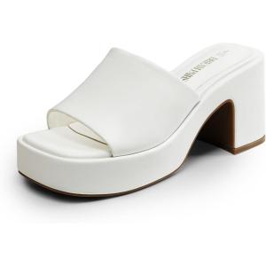 DREAM PAIRS High Chunky Platform Heels for Women Fashion Comfort Slip on Square Open Toe Block Heel Sandals(White-pu)