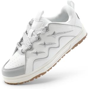 DREAM PAIRS Kid Shoes Boys Girls Sneakers Lace Up Skate Shoes Durable Walking Casual Shoes(White/Silver)