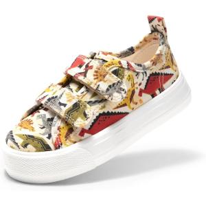 DREAM PAIRS Kid Toddler Sneakers Boys Girls Canvas with Cartoon Dual Hook and Loops for School Walking(Brown/Dinosaur)