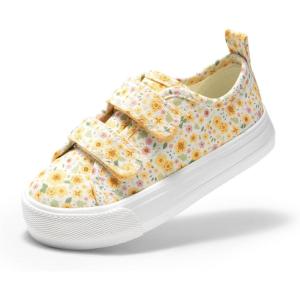 DREAM PAIRS Kid Toddler Sneakers Boys Girls Canvas with Cartoon Dual Hook and Loops for School Walking(Yellow/Flower)