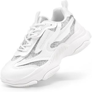 DREAM PAIRS Kids Girls Sneakers Jelly Sole Lace up Shoes Lightweight Walking Shoes for Girls Boys(White/Silver)