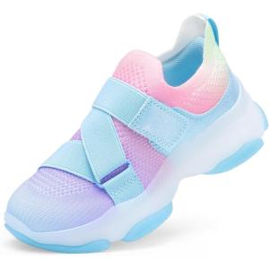 DREAM PAIRS Kids Sneakers Girls Slip-On Shoes Z-Strap Colorful Jelly Sole Walking Shoes(Rainbow/Blue)