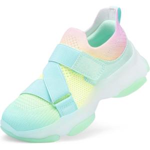 DREAM PAIRS Kids Sneakers Girls Slip-On Shoes Z-Strap Colorful Jelly Sole Walking Shoes(Rainbow/Green)