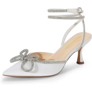 DREAM PAIRS Kitten Heels Rhinestone Bow Ankle Strap Stiletto Pointed Closed Toe Heels for Women Pumps Wedding Bridal Party Dress Shoes(White)