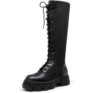 DREAM PAIRS Knee High Boots Women, Fashion Combat Boots Chunky Platform Lace Up Lug Sole Boots For Women(Black/Knitting)