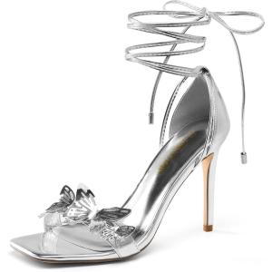 DREAM PAIRS Lace Up High Shoes Stilletos Sandals for Women Strappy Gladiator Open Square Toe Fashion Dressy Sandals Wedding Bridal Pumps Sandals Shoes(Silver-pat)