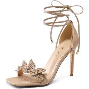 DREAM PAIRS Lace Up High Shoes Stilletos Sandals for Women Strappy Gladiator Open Square Toe Fashion Dressy Sandals Wedding Bridal Pumps Sandals Shoes(Nude-pu)