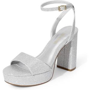 DREAM PAIRS Platform High Heels for Women Chunky Round Open Toe Ankle Strap Stylish Heeled Sandals for Party Prom Wedding(Silver-glitter)