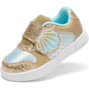 DREAM PAIRS Toddler Girls Sneakers Sparkly Shiny Lightweight Comfortable Hook and Loop Casual Walking Little Kids Shoes(Gold/Green)