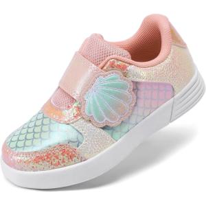 DREAM PAIRS Toddler Girls Sneakers Sparkly Shiny Lightweight Comfortable Hook and Loop Casual Walking Little Kids Shoes(Pink/Rainbow)