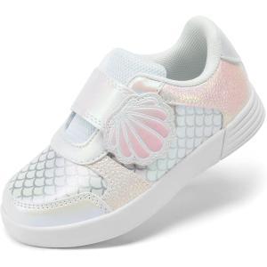 DREAM PAIRS Toddler Girls Sneakers Sparkly Shiny Lightweight Comfortable Hook and Loop Casual Walking Little Kids Shoes(White/Rainbow)