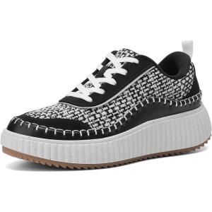 DREAM PAIRS Women Chunky City Tweed Comfortable Casual Platform Fashion Sneaker(Black/White)