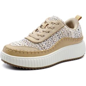 DREAM PAIRS Women Chunky City Tweed Comfortable Casual Platform Fashion Sneaker(Khaki-knit)