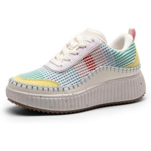 DREAM PAIRS Women Chunky City Tweed Comfortable Casual Platform Fashion Sneaker(White/Rainbow)