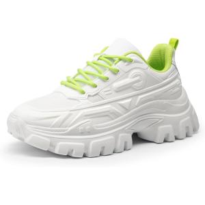 DREAM PAIRS Women Chunky Fashion Sneakers Platform Bold Lace-Up Comfortable Sneakers.(White/Green-bold)