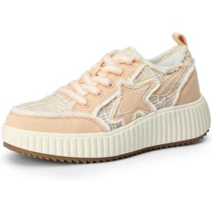 DREAM PAIRS Women Platform Chunky Lightweight Comfortable Casual Denim Fabric Lace-Up Kay Walking Fashion Sneakers(Pink/White)