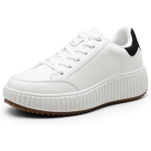 DREAM PAIRS Women Platform Chunky Lightweight Comfortable Casual Faux Leather Lace-Up Dee Walking Fashion Sneakers(White/Black)