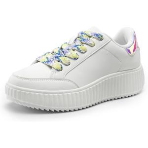 DREAM PAIRS Women Platform Chunky Lightweight Comfortable Casual Faux Leather Lace-Up Dee Walking Fashion Sneakers(White/Rainbow-pu)