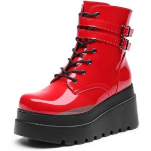 DREAM PAIRS Women Platform Combat Ankle Boots Goth Chunky High Heel Lace Up Motorcycle Booties(Red)