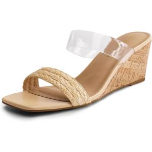 DREAM PAIRS Women Slides Wedge Sandals Square Open Toe Dress Casual Strappy Shoes(Clear)