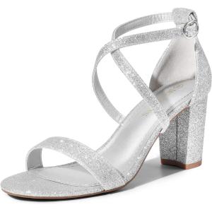 DREAM PAIRS Women’s Ankle Strap Dress Low Chunky Block Open Toe Heel Sandals for Party Wedding(Silver-glitter)