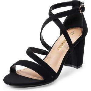 DREAM PAIRS Women’s Ankle Strap Dress Pump Low Chunky Heel Sandals(Black-nubuck)