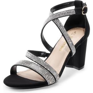 DREAM PAIRS Women’s Ankle Strap Dress Pump Low Chunky Heel Sandals(Black-rhinestone)