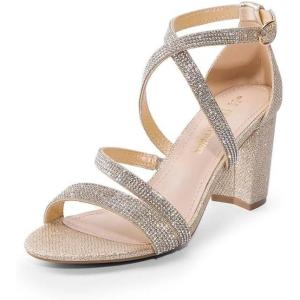 DREAM PAIRS Women’s Ankle Strap Dress Pump Low Chunky Heel Sandals(Gold-rhinestone)