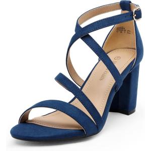 DREAM PAIRS Women’s Ankle Strap Dress Pump Low Chunky Heel Sandals(Navy/Suede)