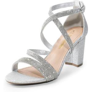 DREAM PAIRS Women’s Ankle Strap Dress Pump Low Chunky Heel Sandals(Silver-rhinestone)