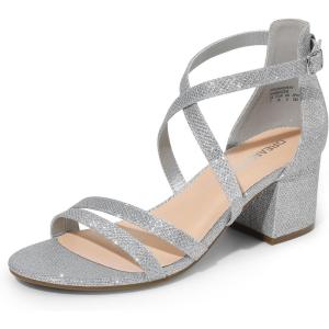 DREAM PAIRS Women’s Ankle Strap Low Chunky Heels Open Toe Blocked Strappy Sandals Dress Shoes for Wedding Bridal Party(Silver)