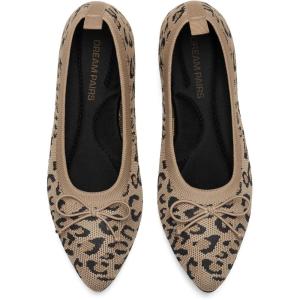 DREAM PAIRS Women’s Ballet Knit Flats Foldable Pointed Toe Comfortable Dressy Flat Shoes with Bow-Knot Casual Business Work Office(Leopard)