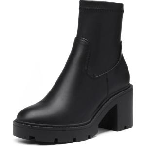 DREAM PAIRS Women’s Chelsea Platform Boots Elastic Chunky Heel Lug Sole Ankle Booties Shoes(Black/Pu)